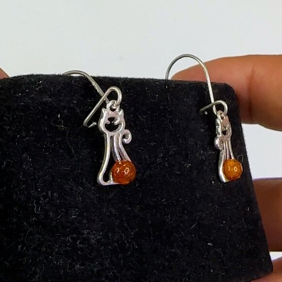 Sterling Silver 925 Petite Baltic Amber Silver Kitten Earrings - Picture 6 of 12